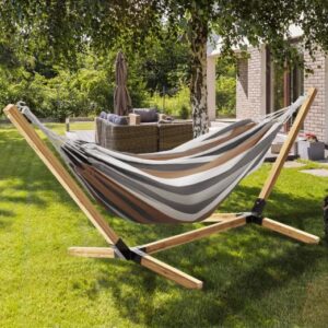 Hangmat set Hout - Zwart/wit/bruin - 2 persoons - 270x105 cm - Type IDM/AM