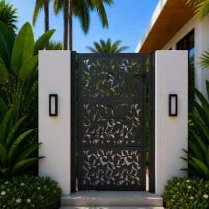 Tuinpoort met bladontwerp - 105x130 cm - Zwart