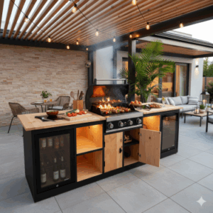 Buitenkeuken Deluxe - Los Angeles - 70 Liter Koelkast + Grandhall G4 - zwart omlijst - Douglas Hout