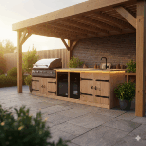 Buitenkeuken Deluxe - Buenos Aires - 70 Liter Koelkast - met wasbak - zwart omlijst - Douglas Hout